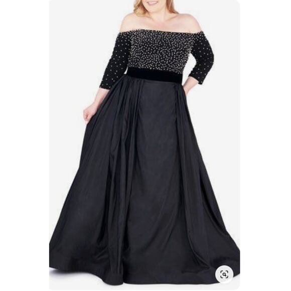 Mac Duggal 66814F Black Formal Gown Size 14W Pearl Detail NEW velvet waist pouf - Picture 1 of 9